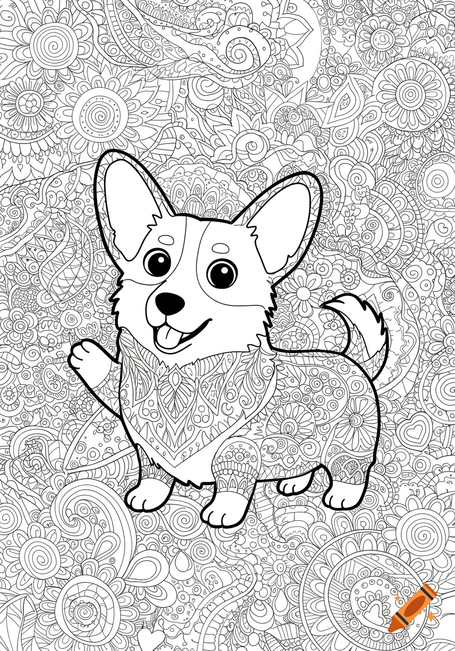 Black and white coloring book style line art of a cute corgi with a patterned bandana, surrounded by intricate floral designs.