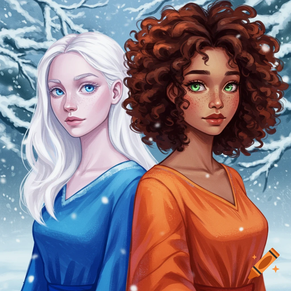 A stylized illustration of two young women, one with white hair and a blue dress, the other with brown curly hair and an orange dress, standing back-to-back in a snowy winter forest.