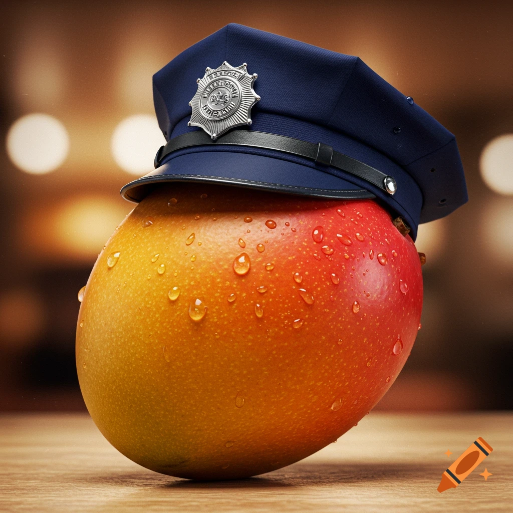 A realistic mango with water droplets wears a blue police cap with a silver badge, sitting on a wooden surface.
