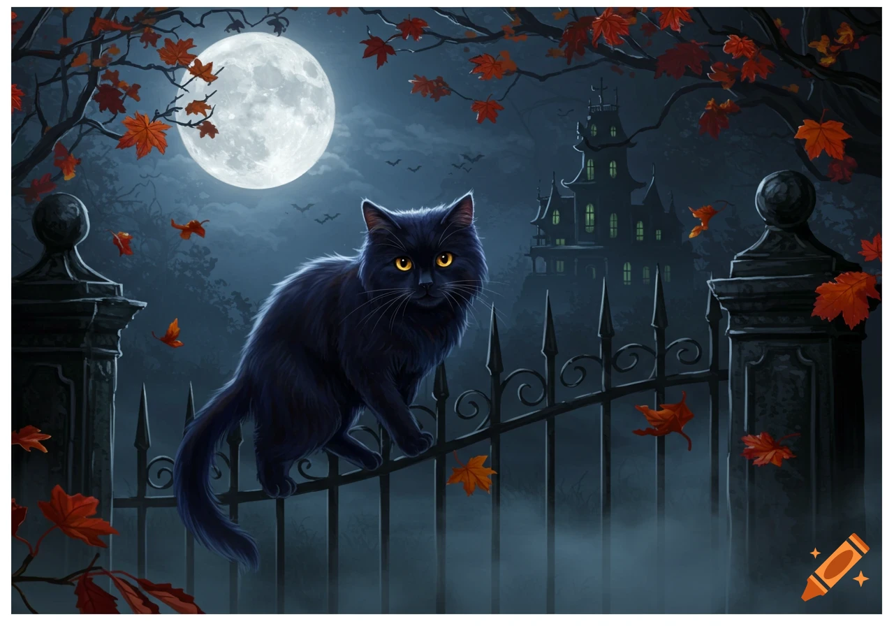 A black cat with yellow eyes perched on an ornate gate at night, a full moon and haunted house in the misty background with autumn leaves.