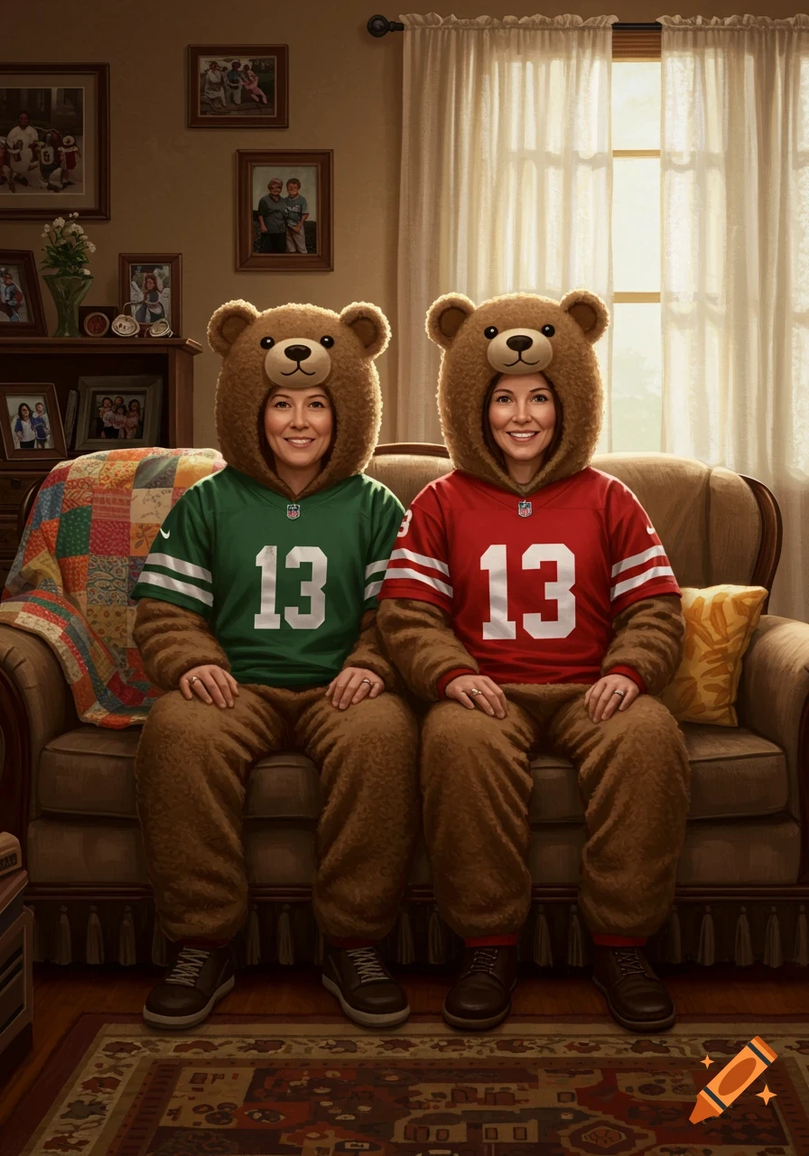 Two women in photorealistic bear costumes and football jerseys sit on a living room couch.