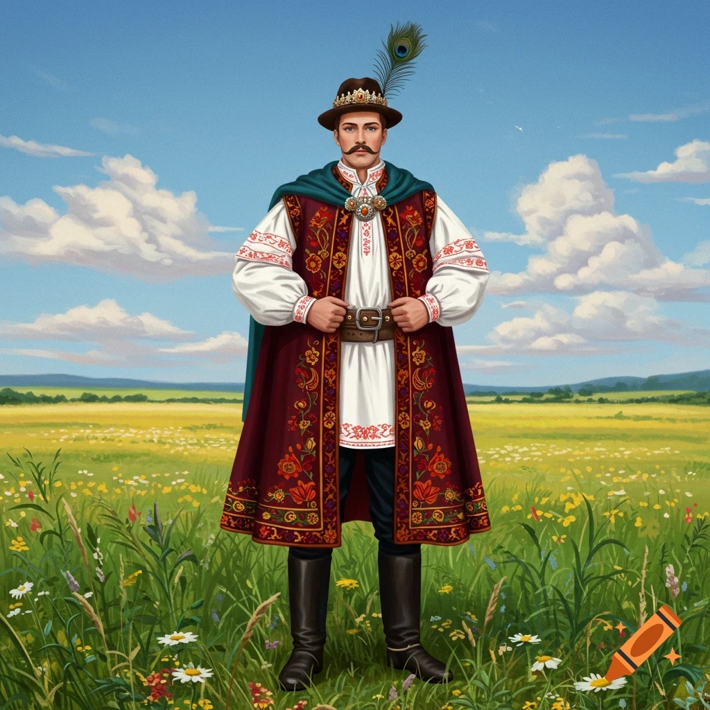 A man in ornate Hungarian folkwear with an embroidered coat and peacock feather hat stands in a wildflower field.