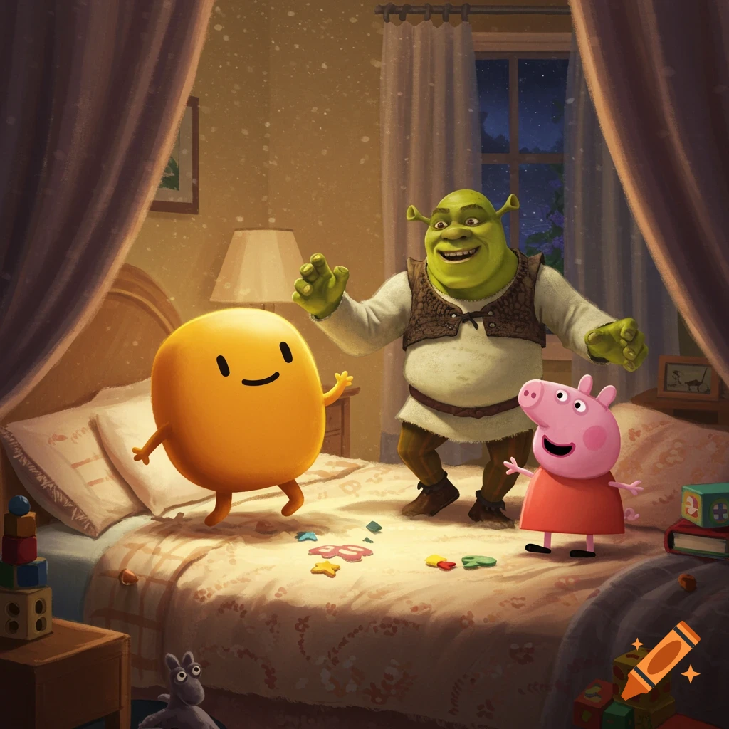 Shrek, Peppa Pig, and a yellow blob-like character dance happily on a bed in a cozy, softly lit bedroom.