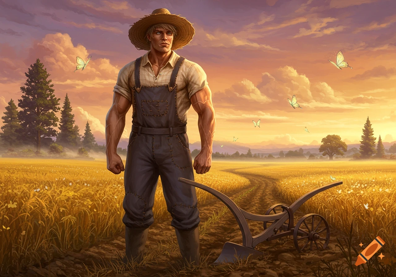 A muscular farmer in a straw hat and overalls stands in a golden field with a plow under a sunset sky, with butterflies, in a fantasy illustration.