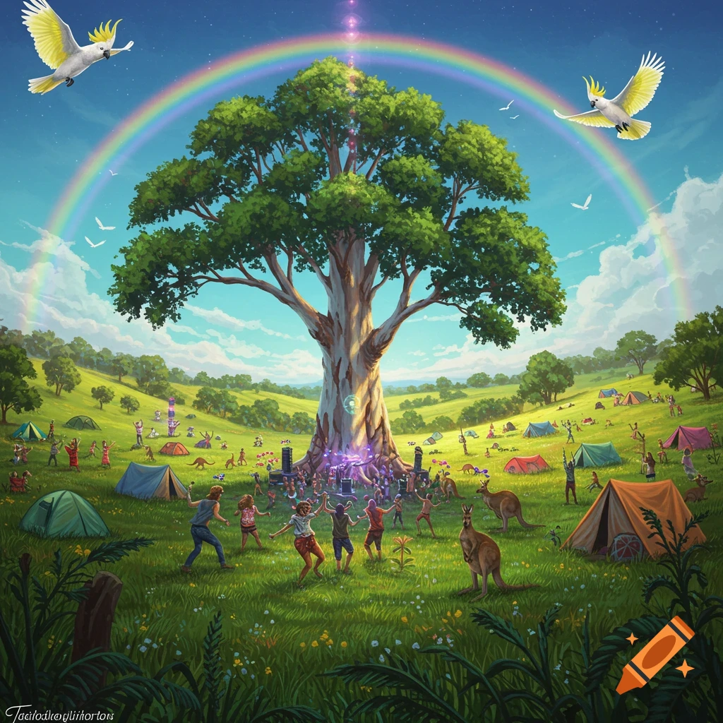 Psychedelic music festival in a lush Australian valley with a gum tree, rainbow, dancing people, tents, kangaroos, and cockatoos.