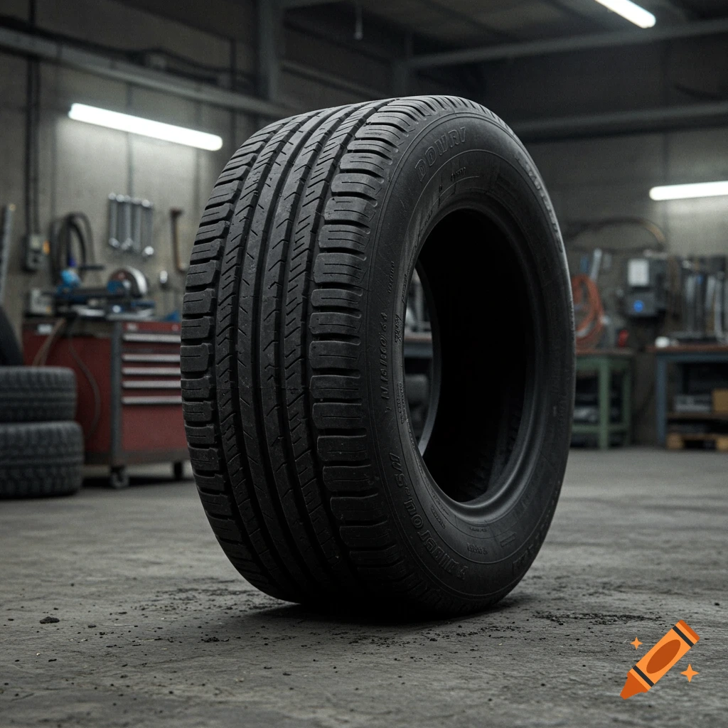 A single dark car tire stands upright on a dusty concrete floor in a garage with tools and equipment in the background, rendered in a photorealistic style.