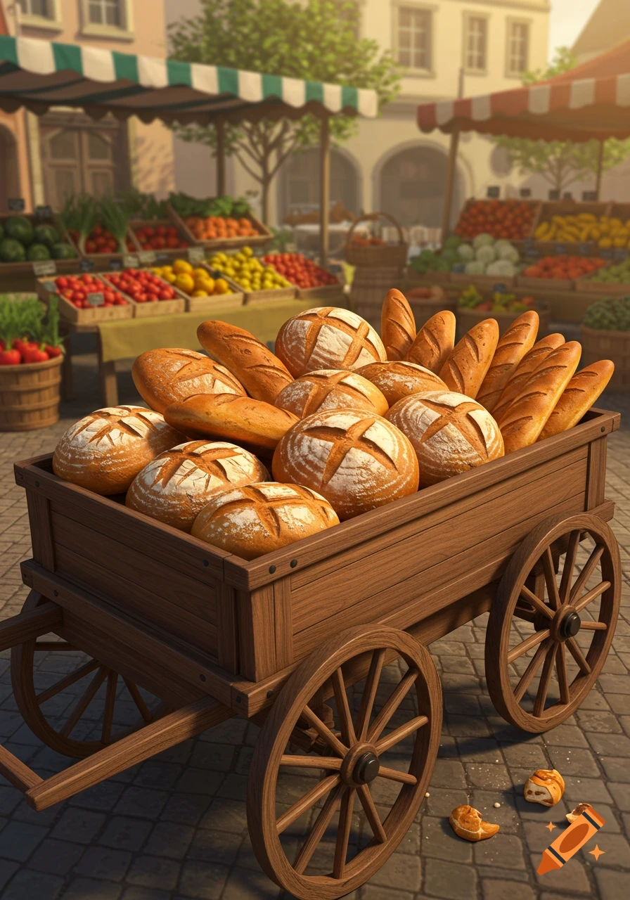A wooden cart filled with fresh bread loaves and baguettes at a bustling outdoor market with fruit and vegetable stalls in the background.
