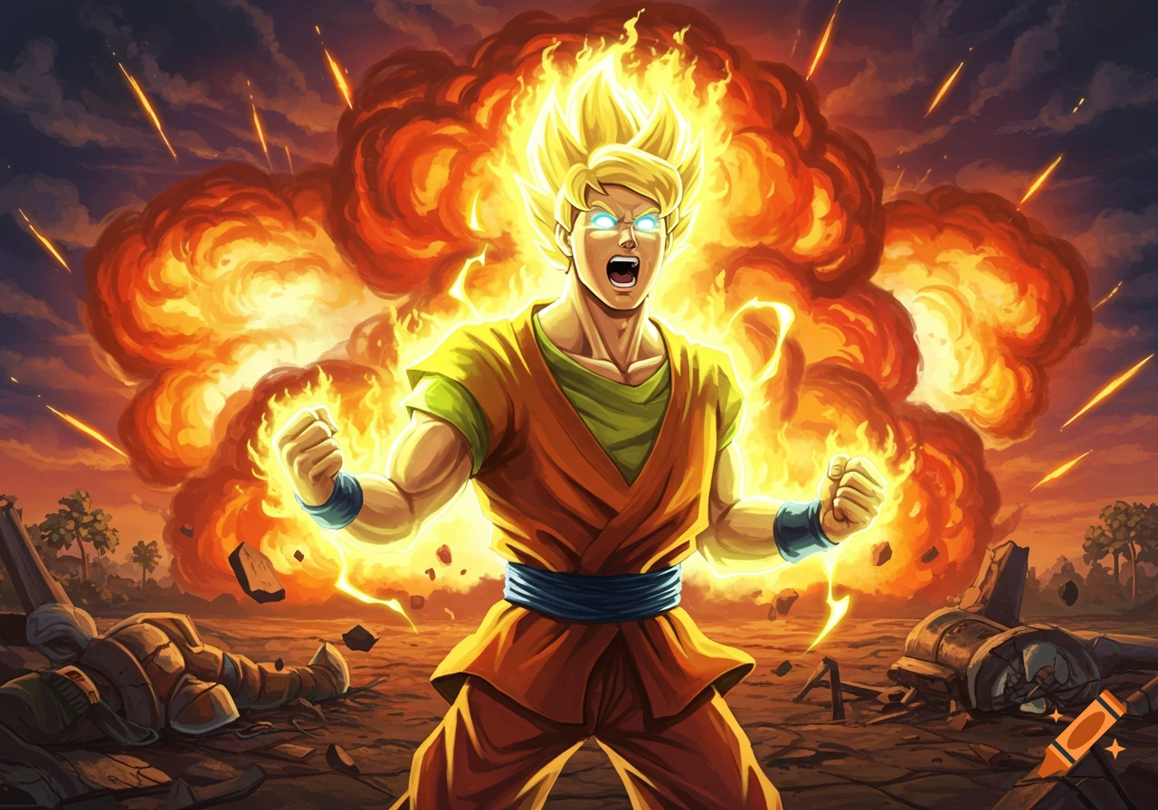 Fred Jones in Super Saiyan form, glowing with power amidst a fiery explosion in a destroyed landscape, anime style.