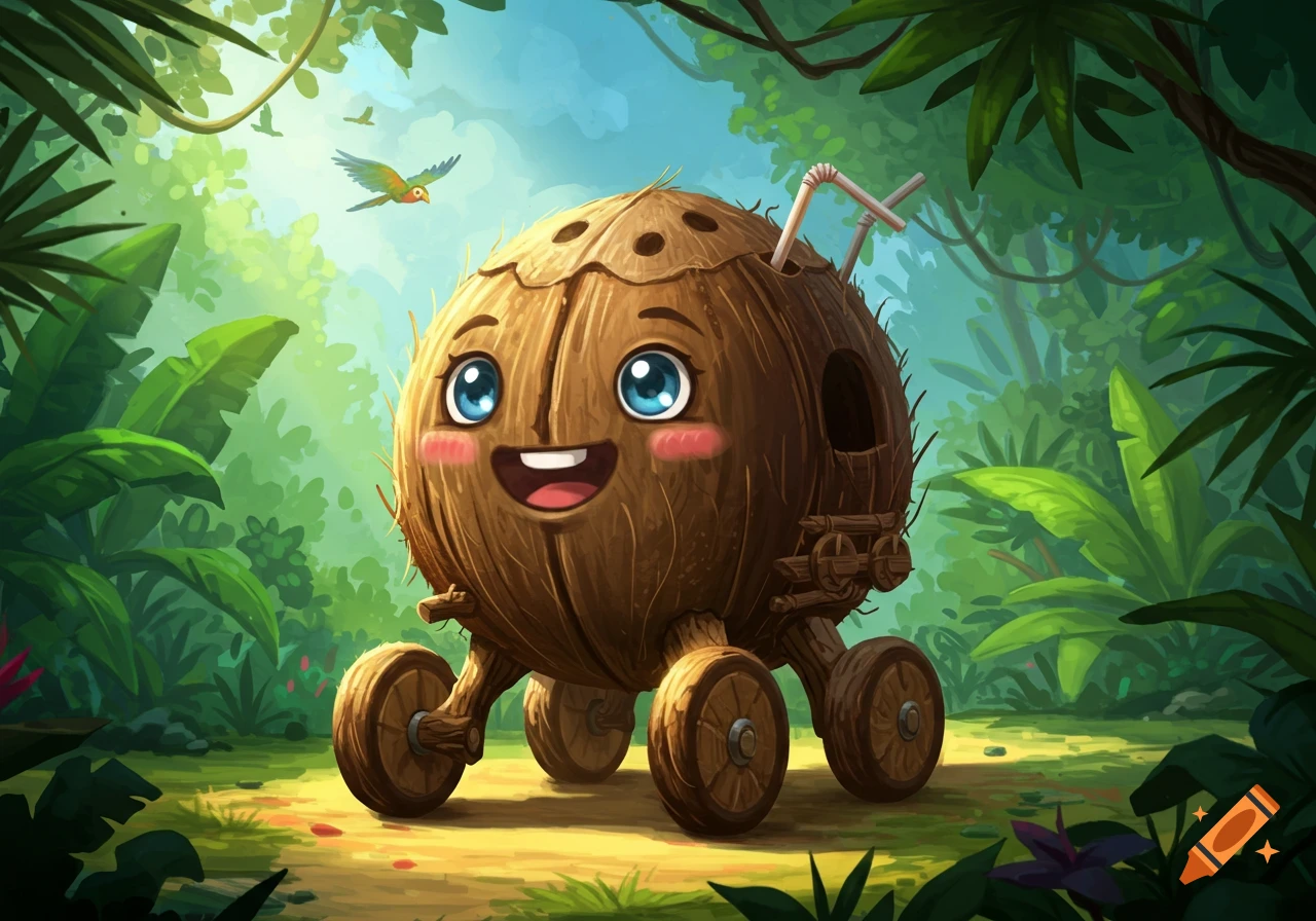 A cute, happy coconut character on wheels with big blue eyes and a straw, smiling in a vibrant jungle setting with birds.