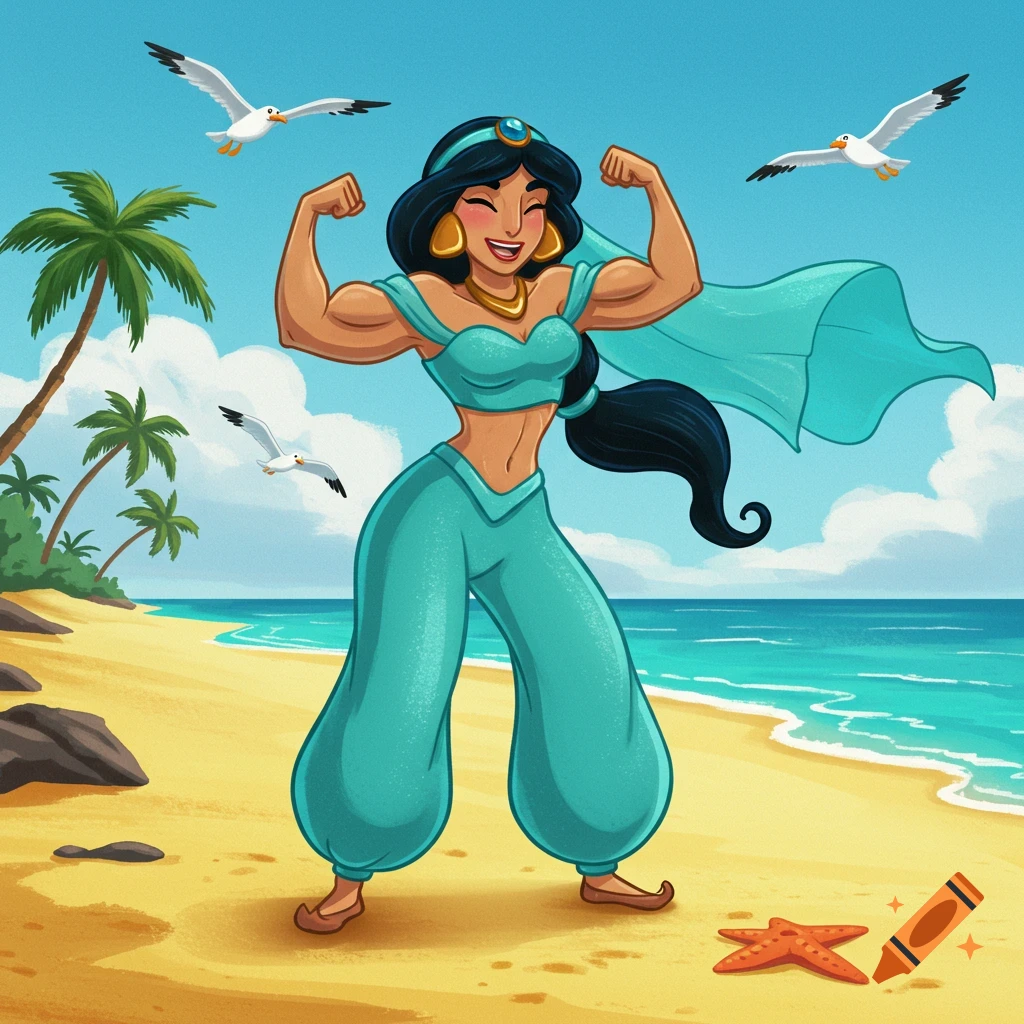 Cartoon of Jasmine from Aladdin flexing her muscular arms on a sunny beach with palm trees and seagulls.