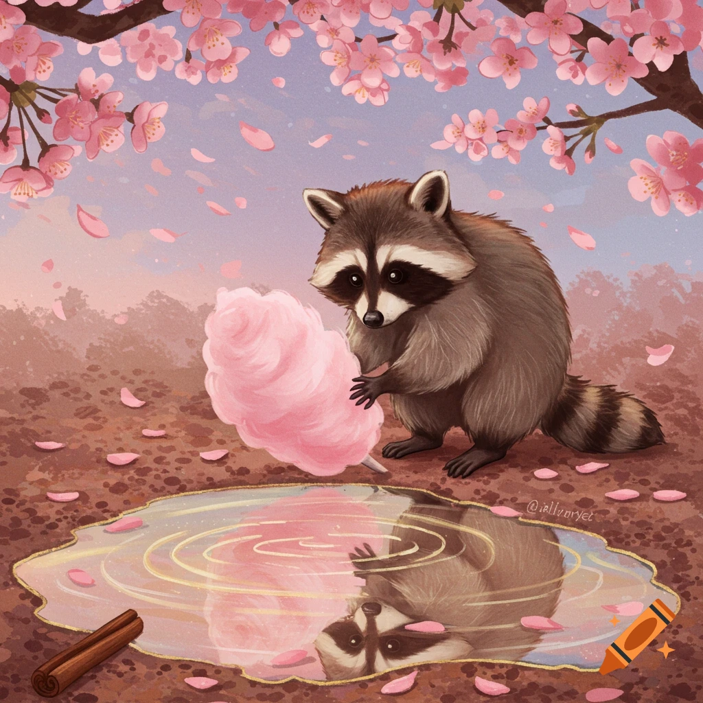 A cute raccoon holding pink cotton candy looks at its reflection in a puddle under cherry blossoms, whimsical illustration.