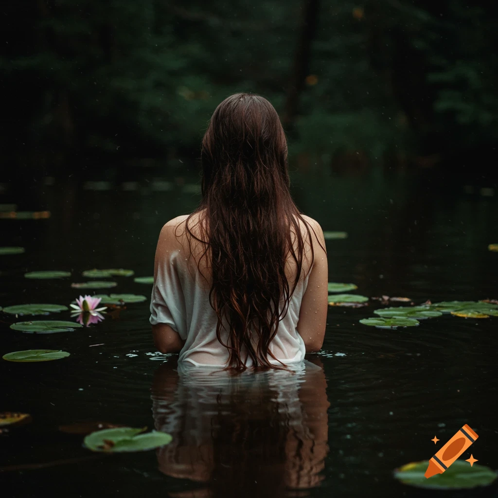 Photorealistic image of a woman with wet, long dark hair and a white shirt, back to viewer, in dark water with lily pads.