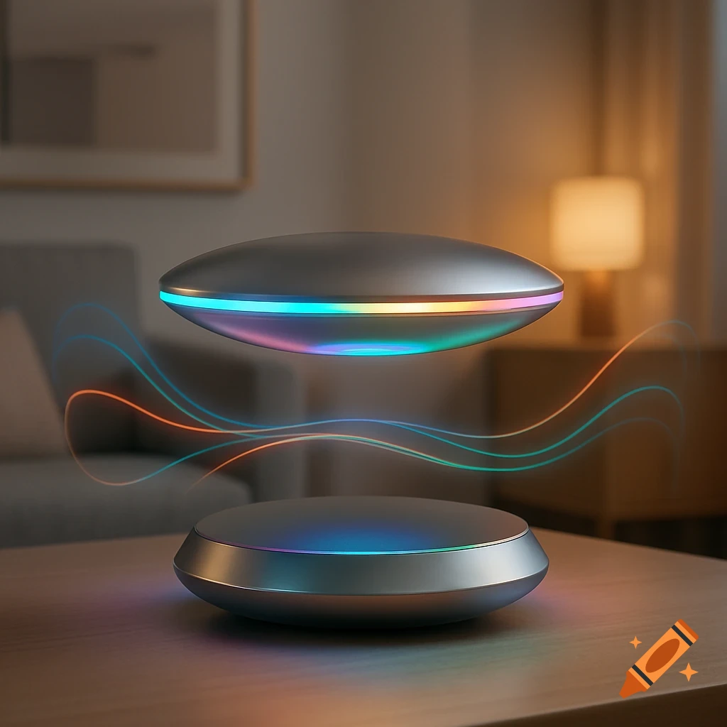 Sleek, silver, oval smart hub with colorful glowing light band levitating over its base on a wooden table.