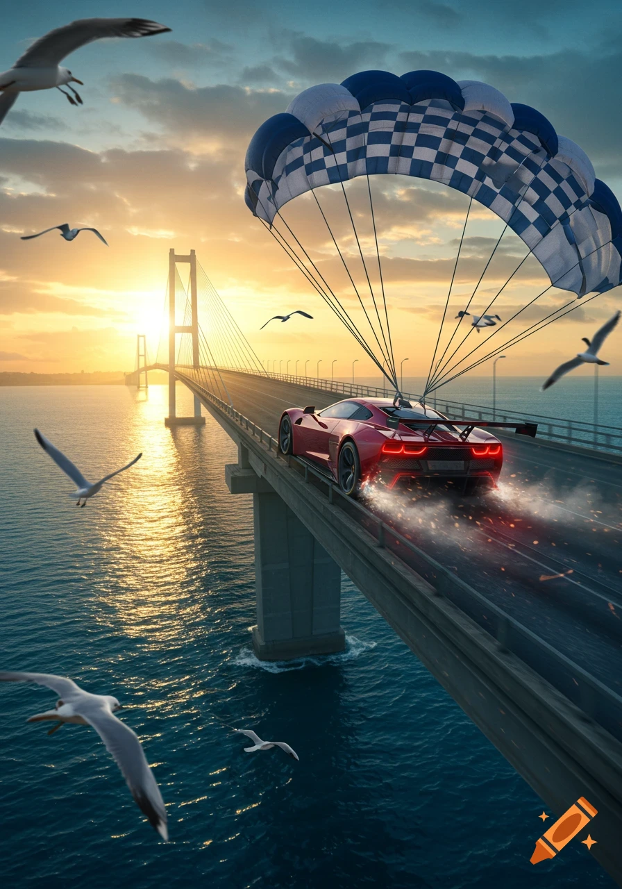 A red sports car with a deployed parachute drives on a bridge over water at sunset, with seagulls flying around.