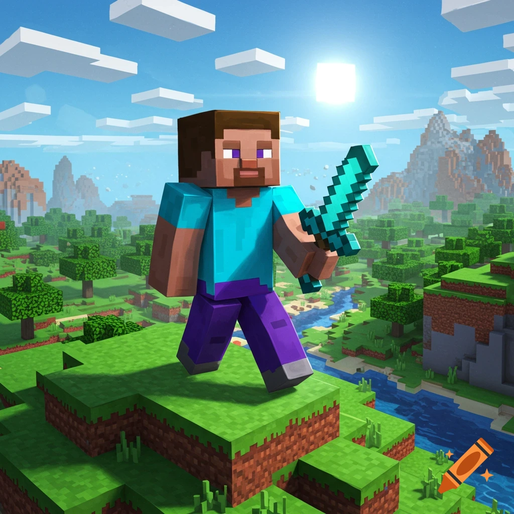 Minecraft character Steve holding a diamond sword, standing on a grassy block in a blocky landscape under a sunny sky.