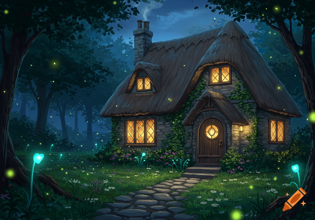 Illustrated cozy stone cottage with a thatched roof in a dark, enchanted forest, illuminated by glowing fireflies and plants.