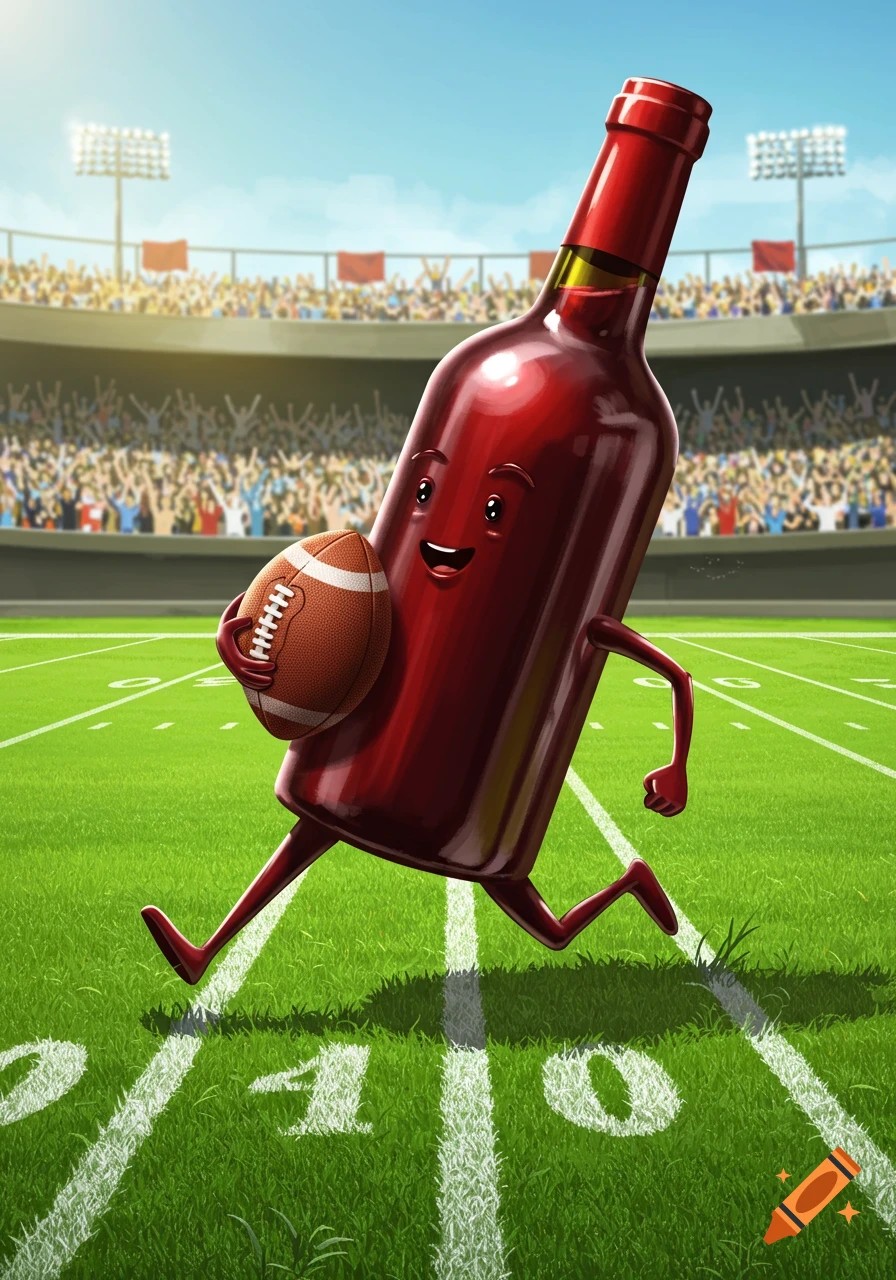 A cheerful cartoon red wine bottle with arms and legs runs on a football field, holding a football, with a stadium crowd in the background.