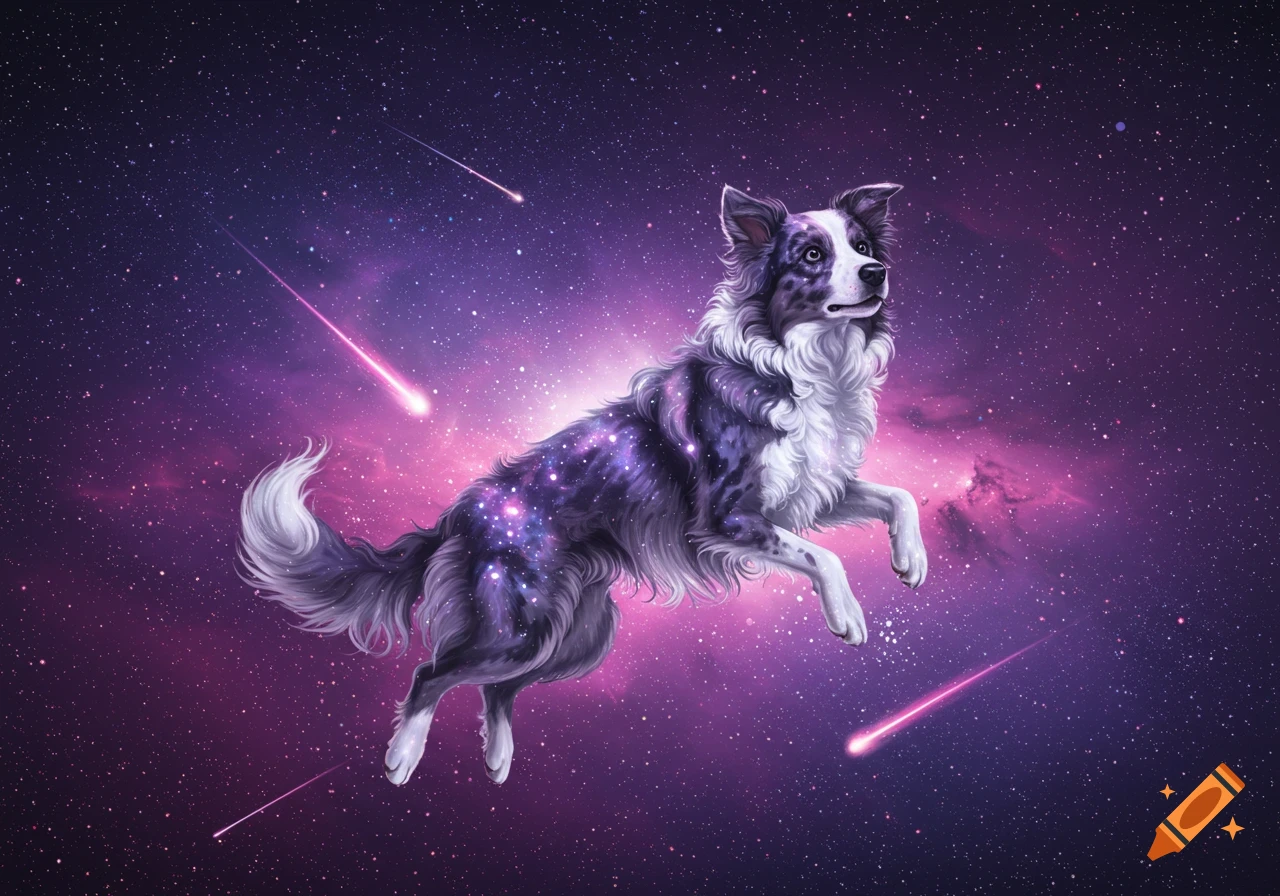A Border Collie with a galaxy-patterned coat floats through a starry, purple and pink cosmic space with shooting stars.