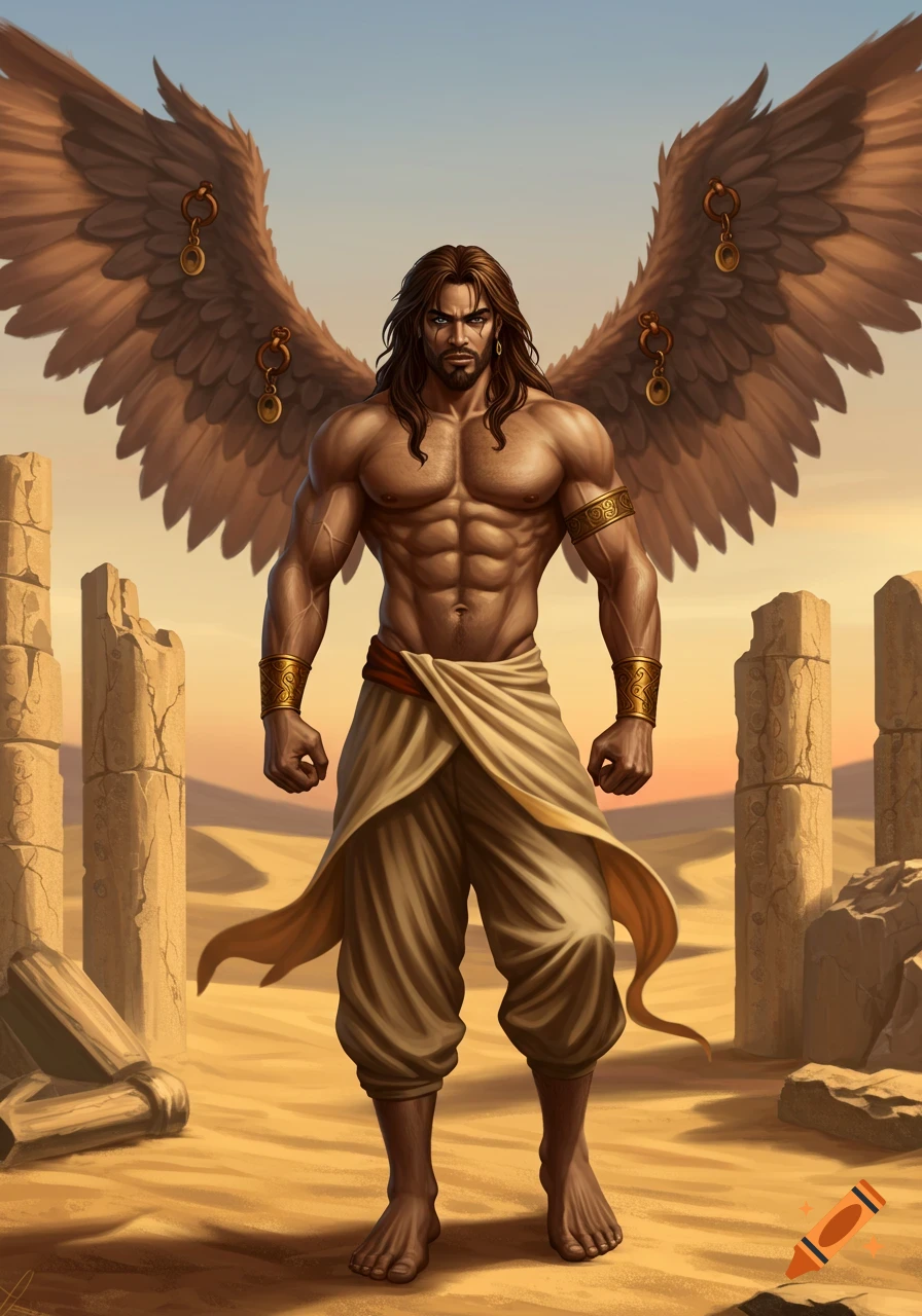 A muscular, winged man with long brown hair and beard stands in desert ruins at sunset, wearing billowing pants and gold armbands.