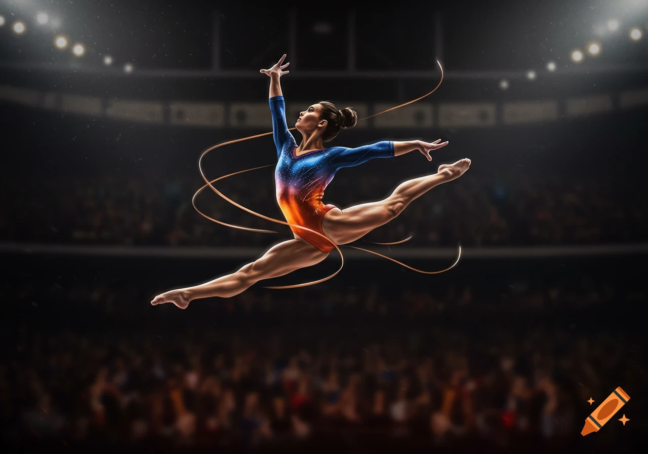 A female gymnast in a sparkling leotard performs a mid-air split leap with ribbons in a dark stadium.