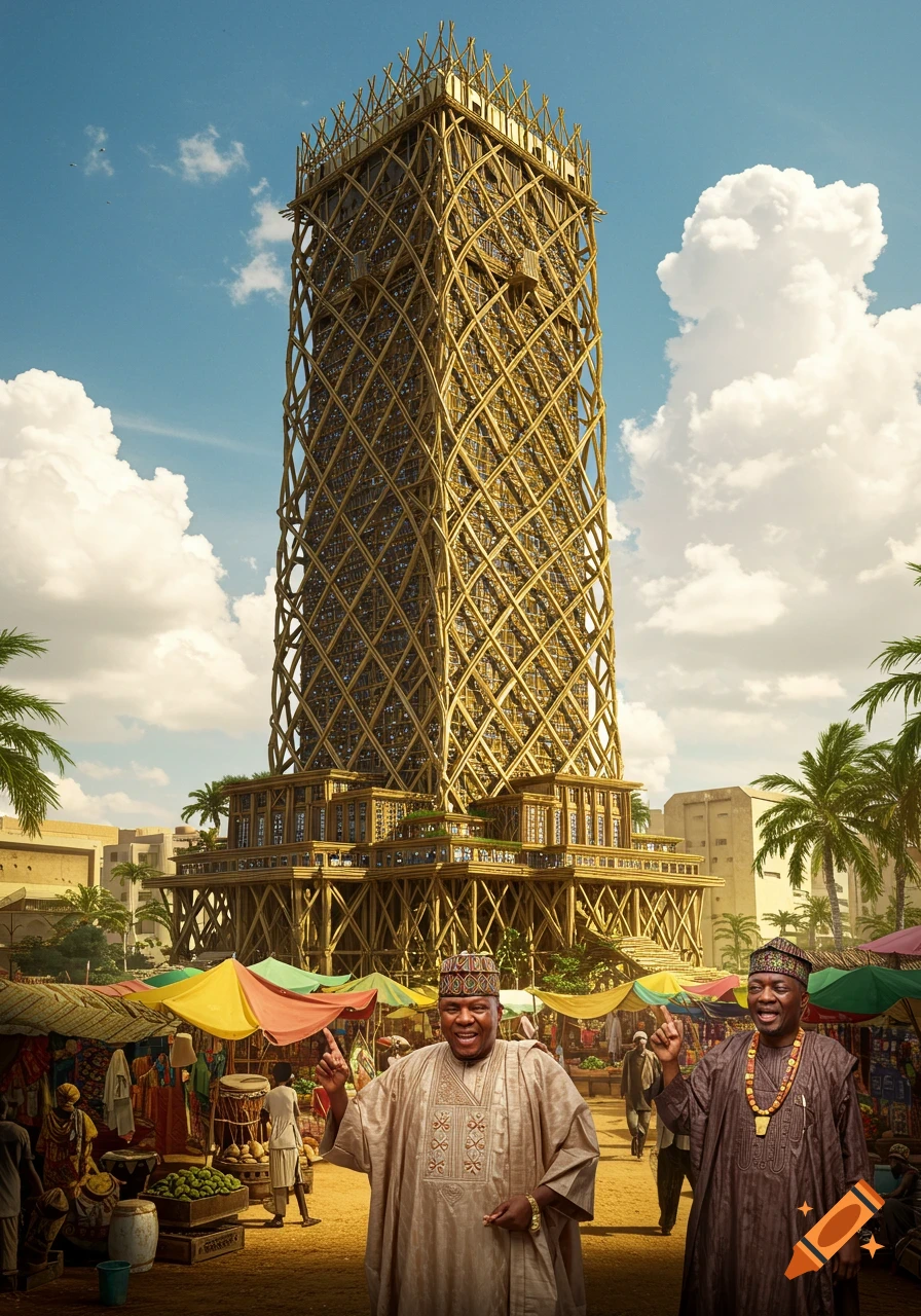Photorealistic image of an elaborate wooden skyscraper overlooking a bustling Nigerian market street, with two men in traditional attire smiling in the foreground.