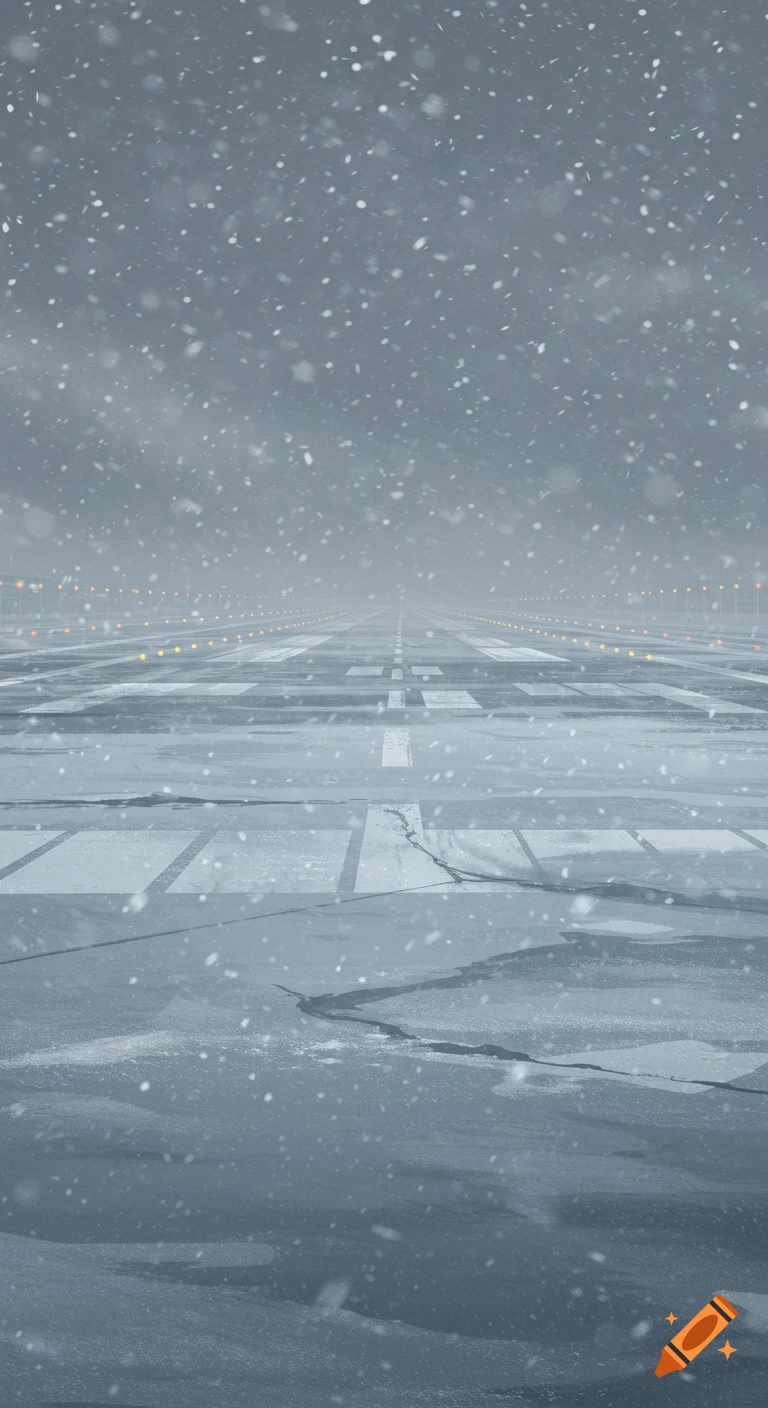 A snow-covered airport runway under a gloomy, snowy sky with distant lights.