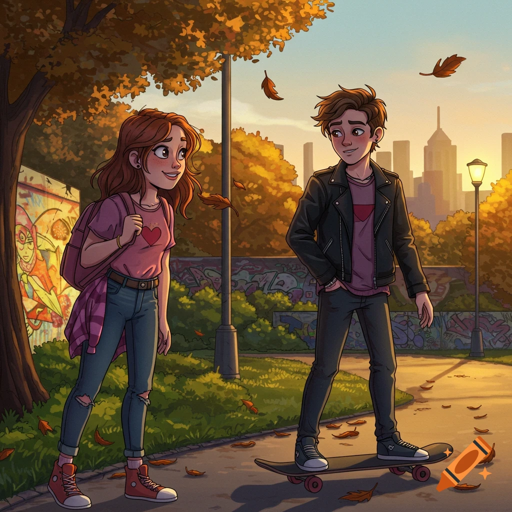Cartoon illustration of a girl looking at a boy on a skateboard in an autumn park with graffiti walls and a city skyline.