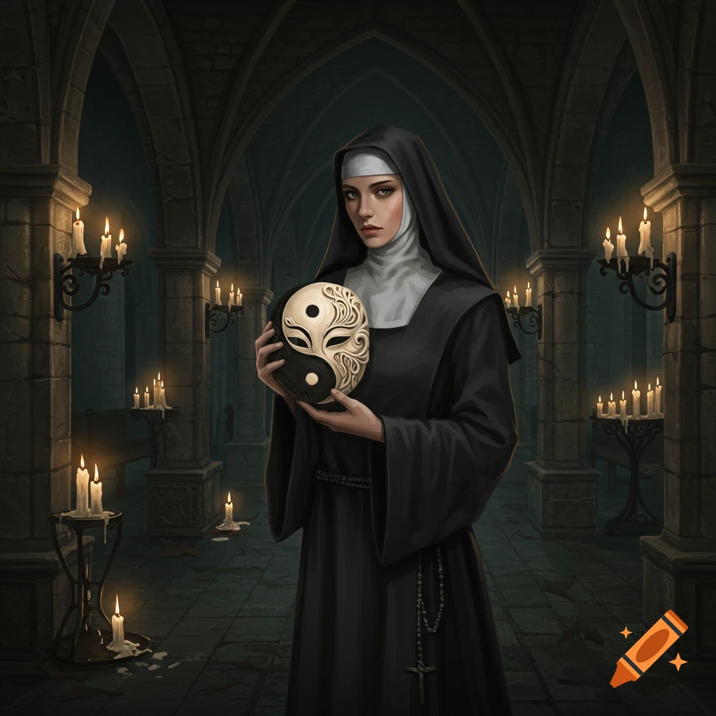 A nun in a dark, candlelit gothic church holds a decorative black and white yin-yang mask. Digital painting.