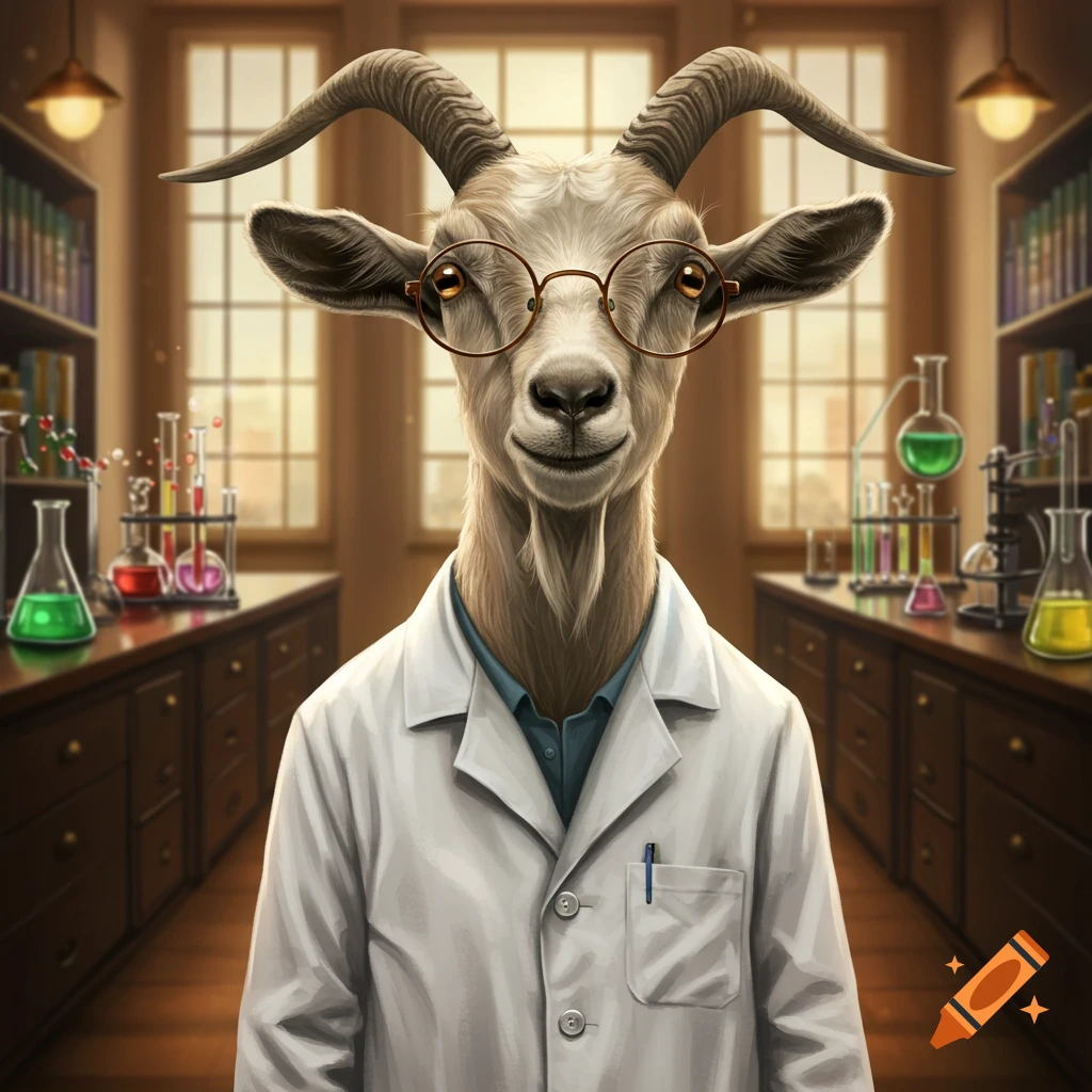 A photorealistic goat wearing a white lab coat and glasses stands in a chemistry laboratory.