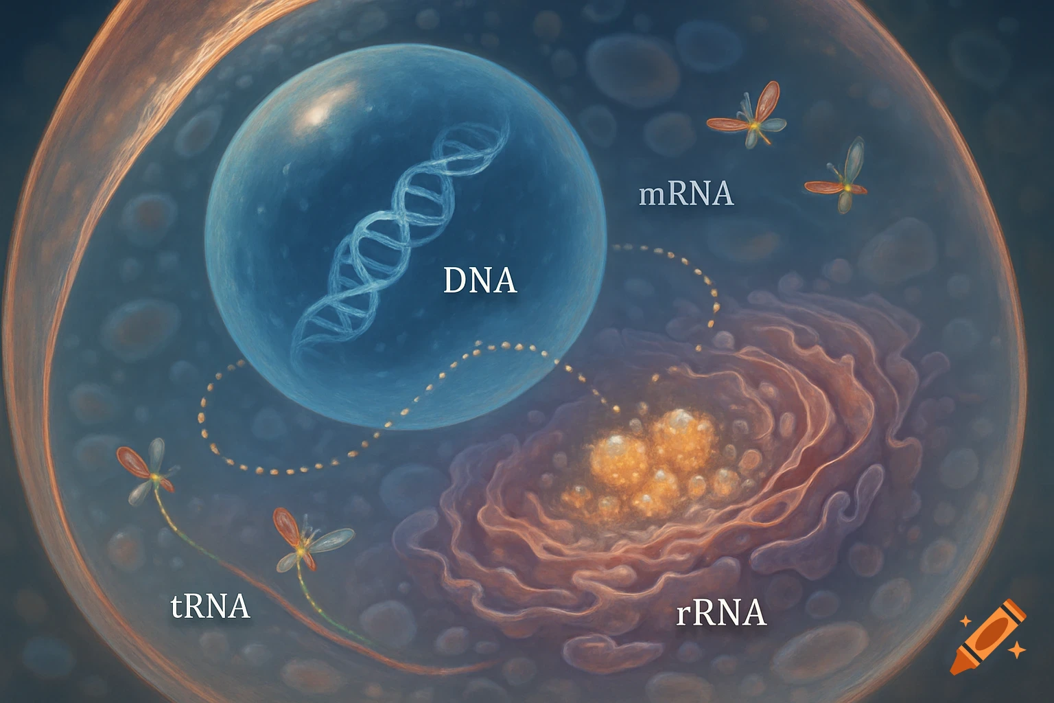 Stylized illustration of a cell showing DNA in a blue sphere, with mRNA, tRNA, and rRNA labeled around a central structure.