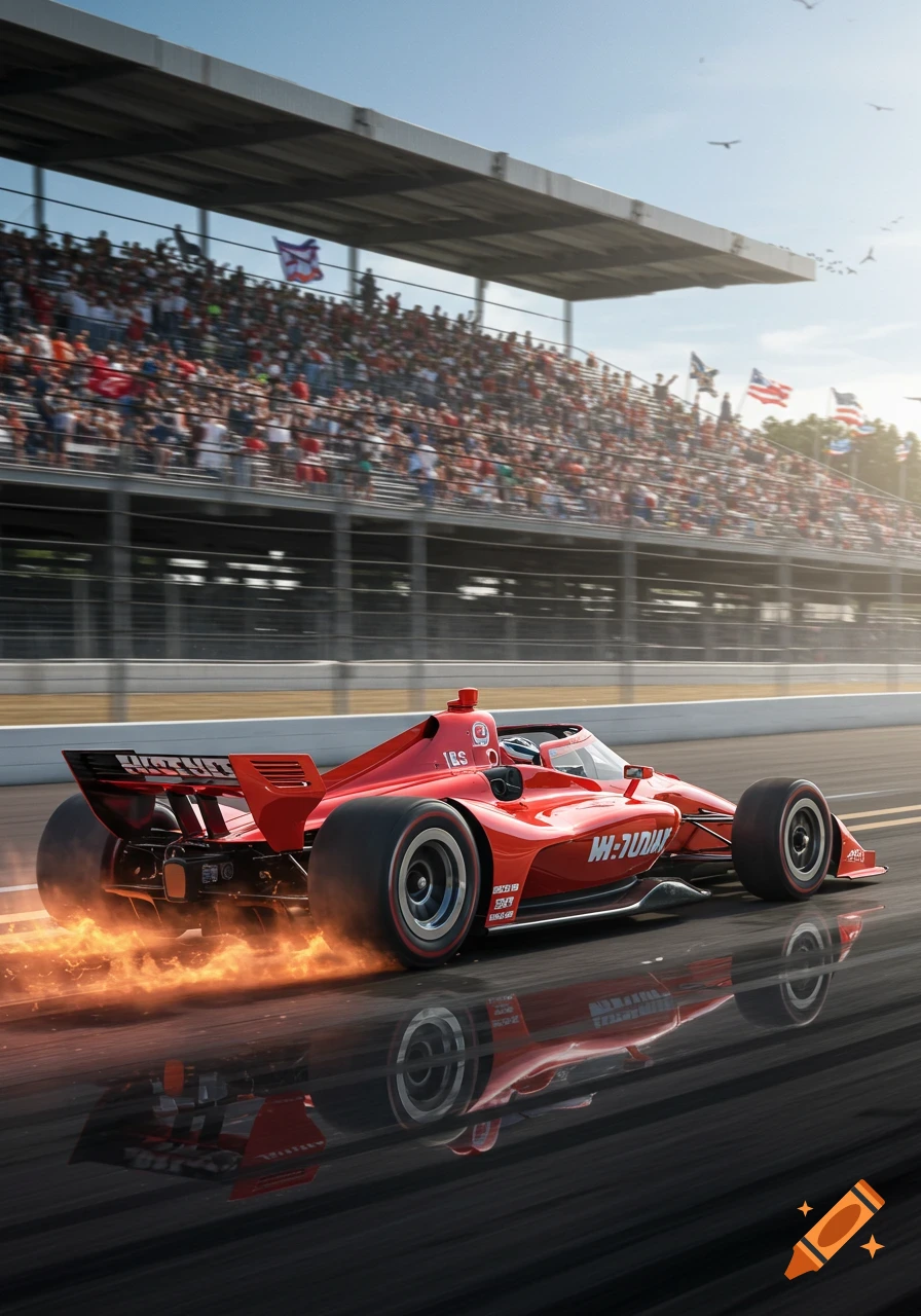 A vibrant red IndyCar speeds down a race track, leaving a trail of fire from its rear tires, with a blurred grandstand packed with spectators in the background under a sunny sky.