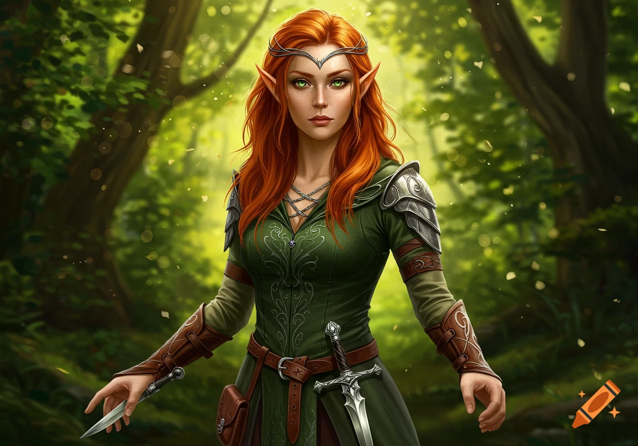 A red-haired elf woman with green eyes, pointed ears, and armor stands in a sunlit forest, holding a dagger.