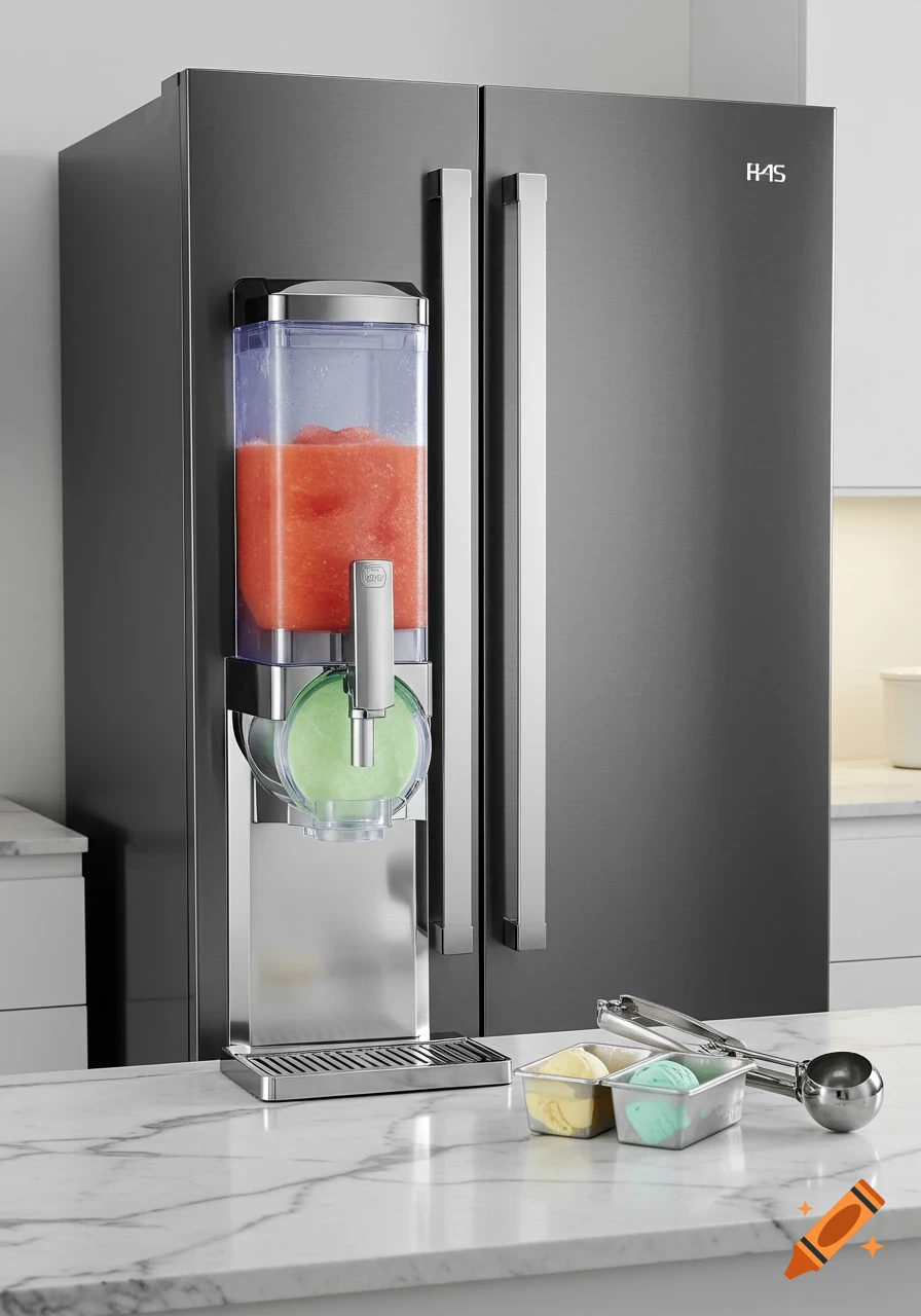 Photorealistic image of a dark gray refrigerator with a built-in slushie and ice cream machine on a marble countertop.