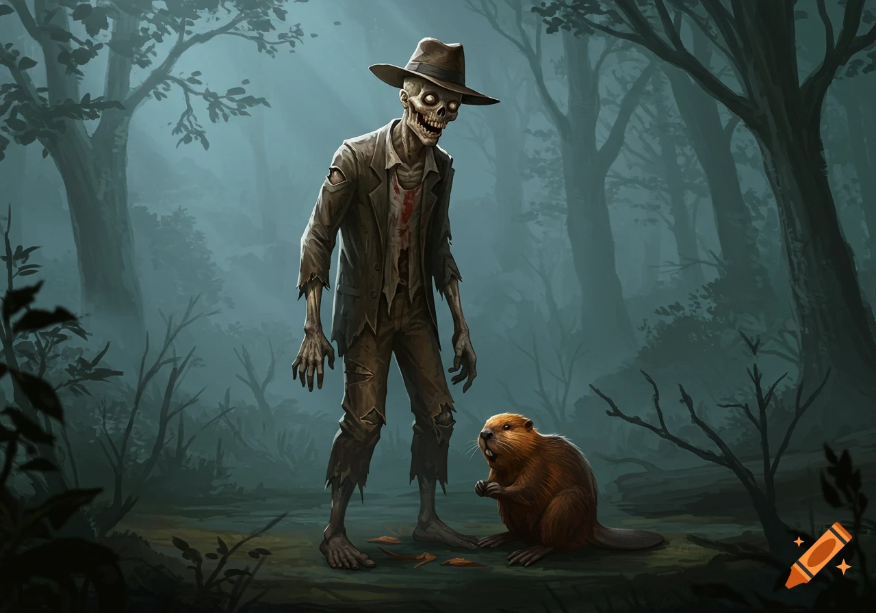An illustrated dark fantasy scene with a zombie man in a hat standing next to a beaver in a foggy forest.
