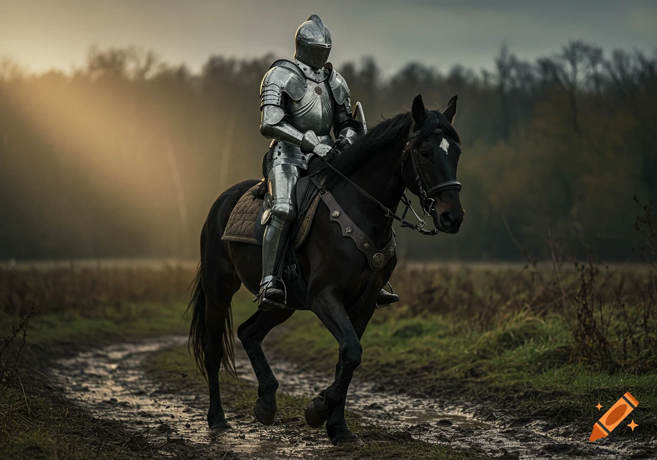 Photorealistic knight in shining armor riding a black horse on a muddy path, with golden sunbeams in the background.