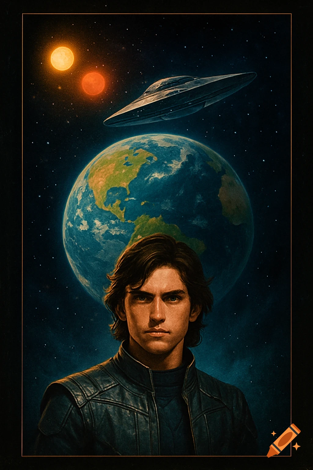 A young man in a futuristic jacket stands in space before a planet, two suns, and a spaceship, in a retro sci-fi movie poster style.