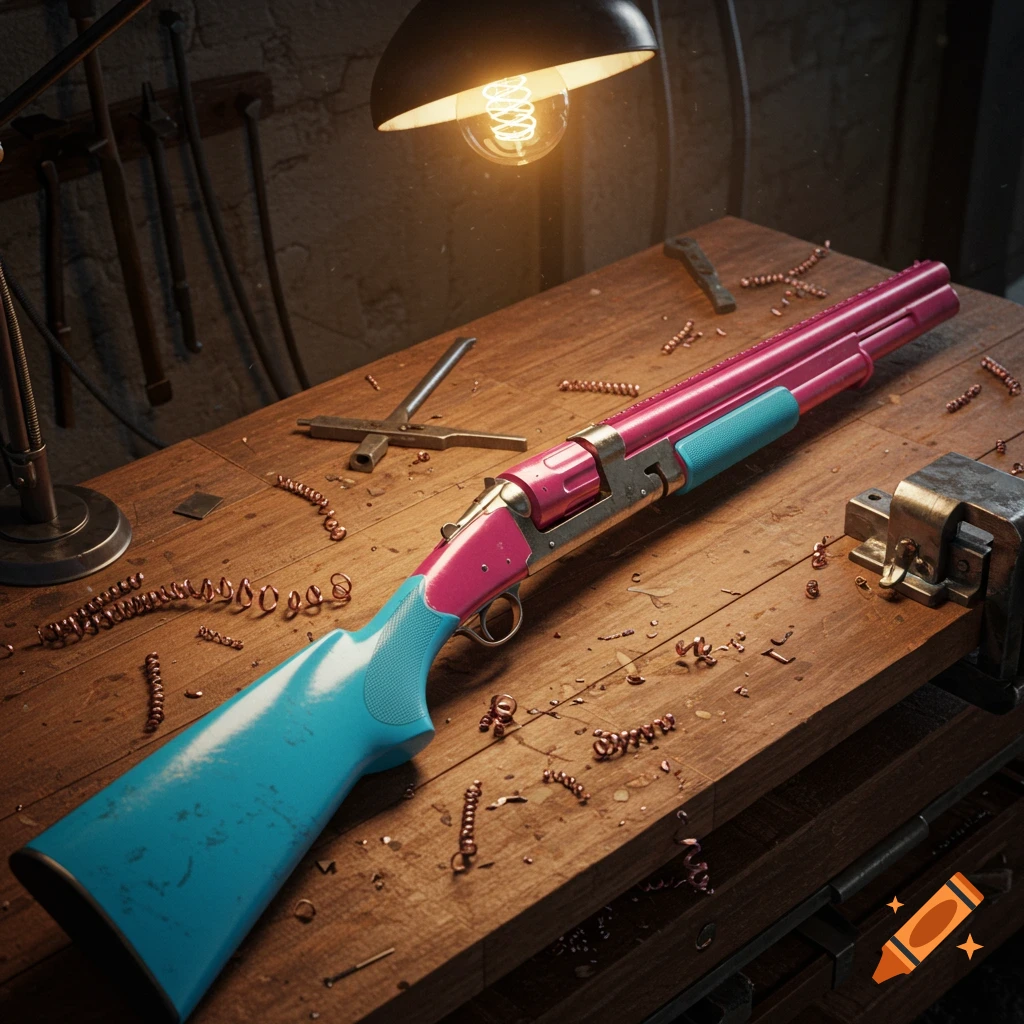 Photorealistic image of a sawed-off double-barrel shotgun with pink barrels and a blue stock, resting on a wooden workbench.