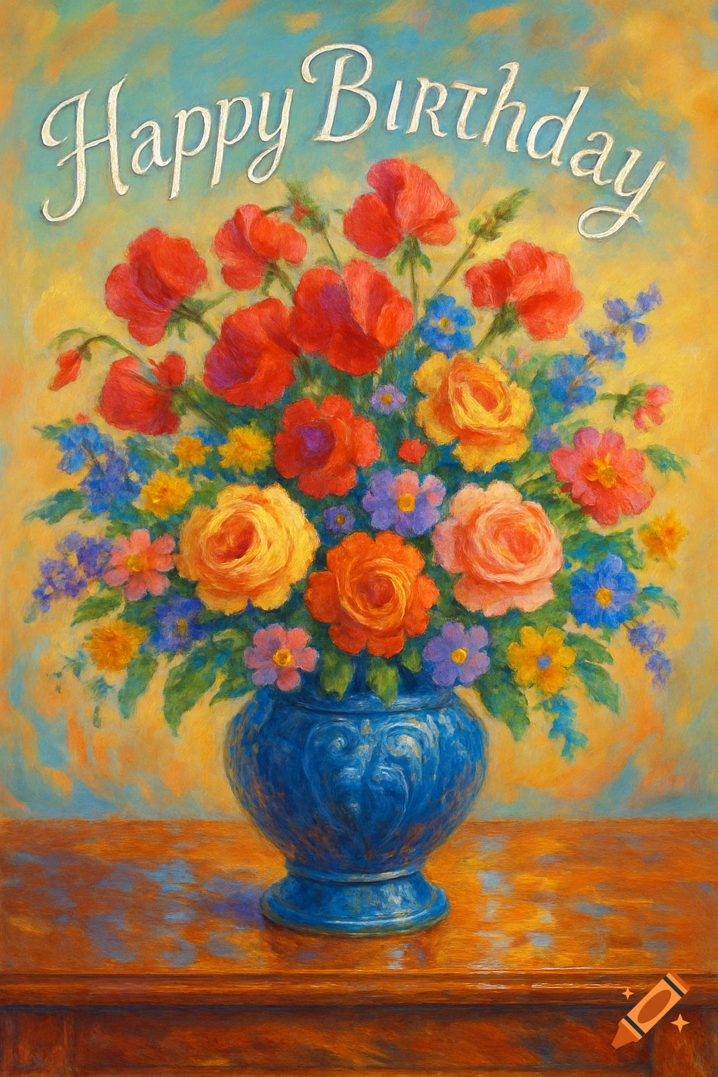 A vibrant painterly still life of a colorful flower bouquet in a blue vase, with 'Happy Birthday' written above.
