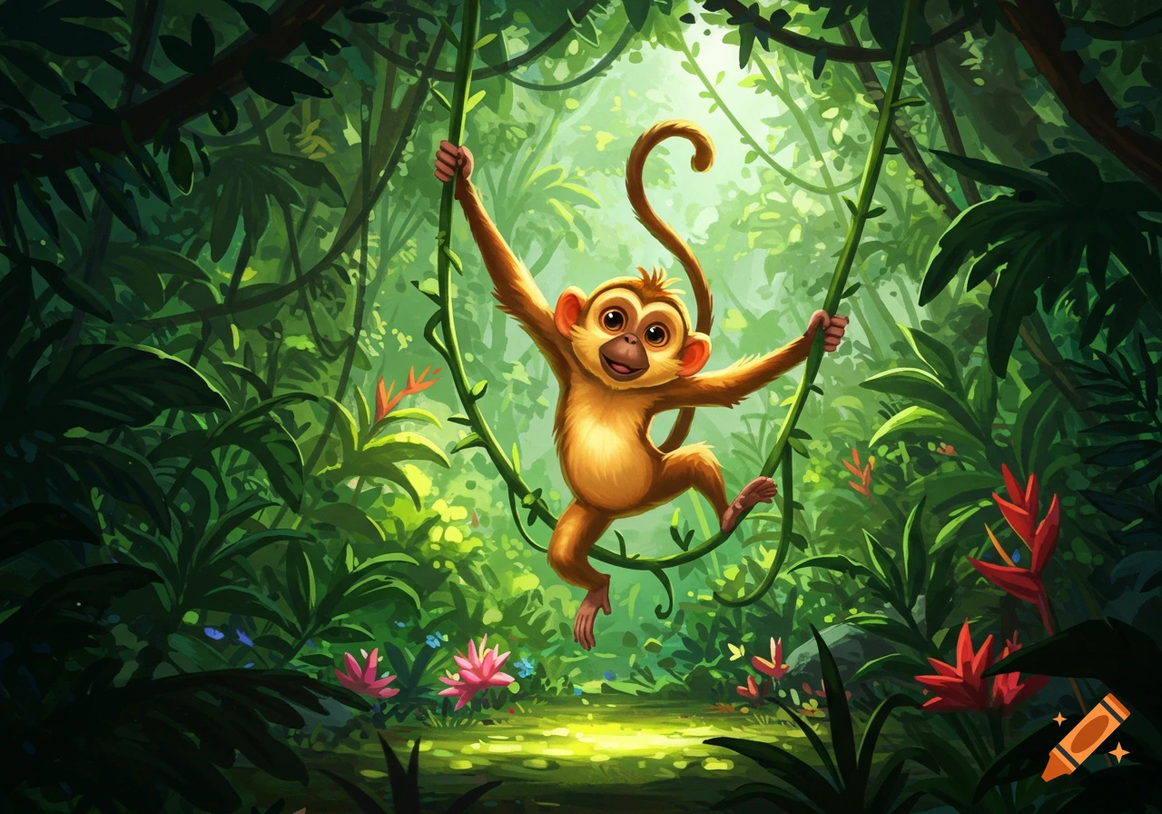 Happy cartoon monkey swinging on vines in a vibrant, sunlit jungle with pink and red flowers, illustrated.