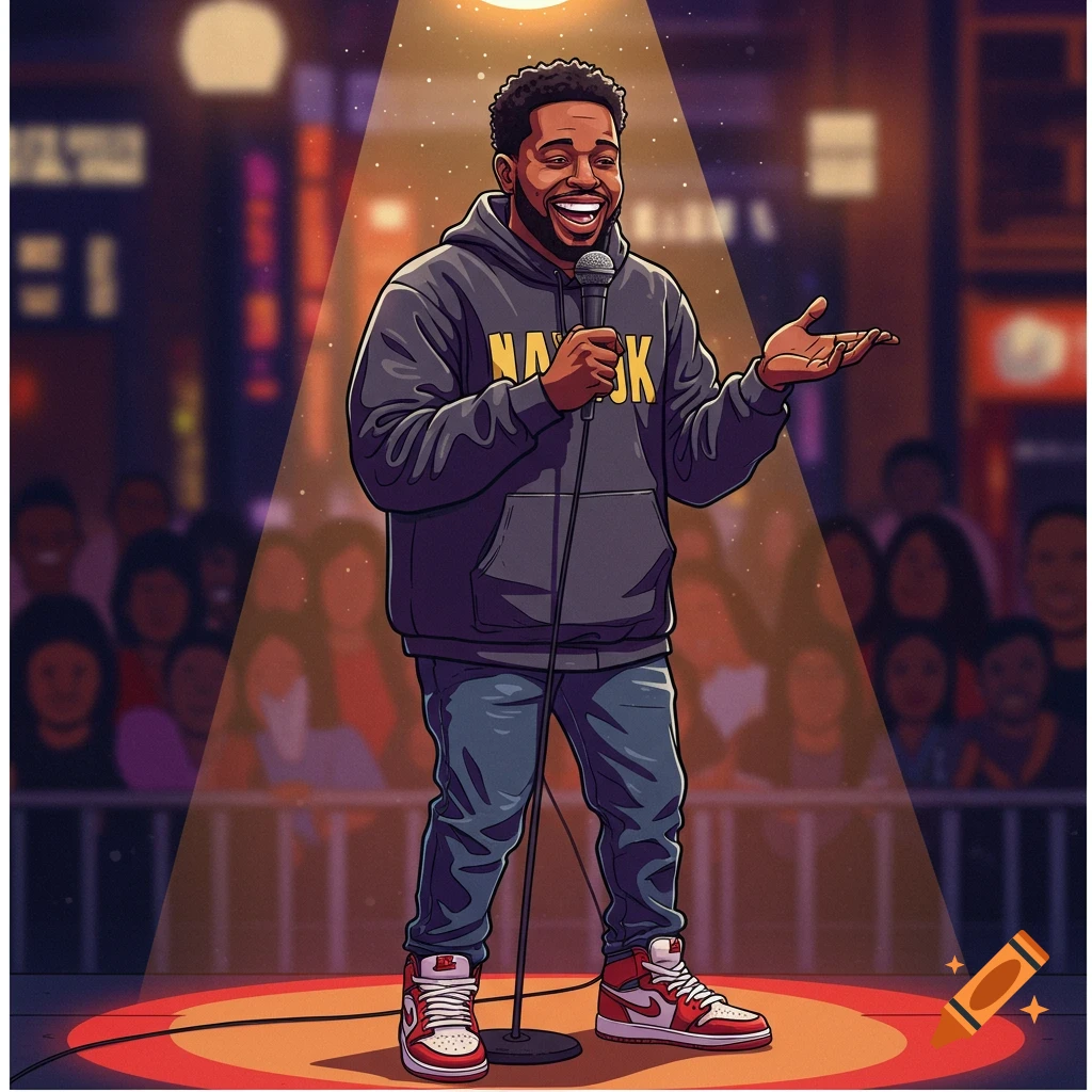 Cartoon of a Black comedian on stage under a spotlight, holding a microphone and smiling, with a blurred audience in the background.