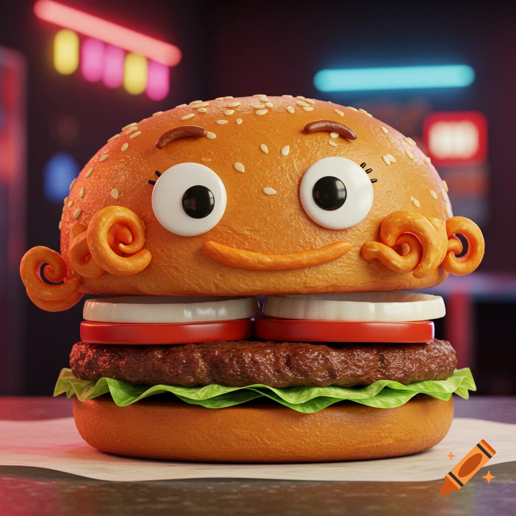 A cute, stylized burger with big cartoon eyes, a smile, and curly hair-like features on its bun, set against a blurry neon background.