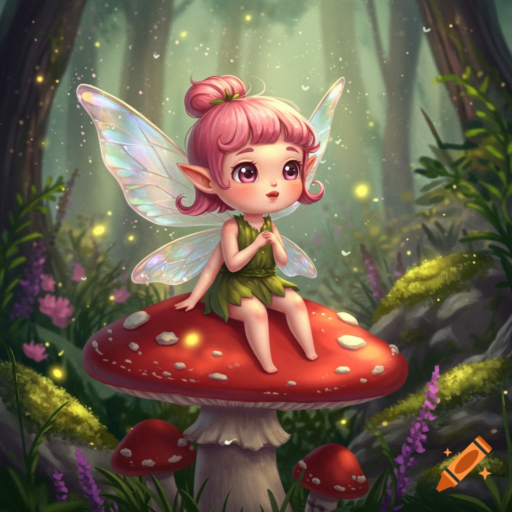 A cute chibi-style fairy with pink hair and translucent wings sits on a red mushroom in an enchanted forest.