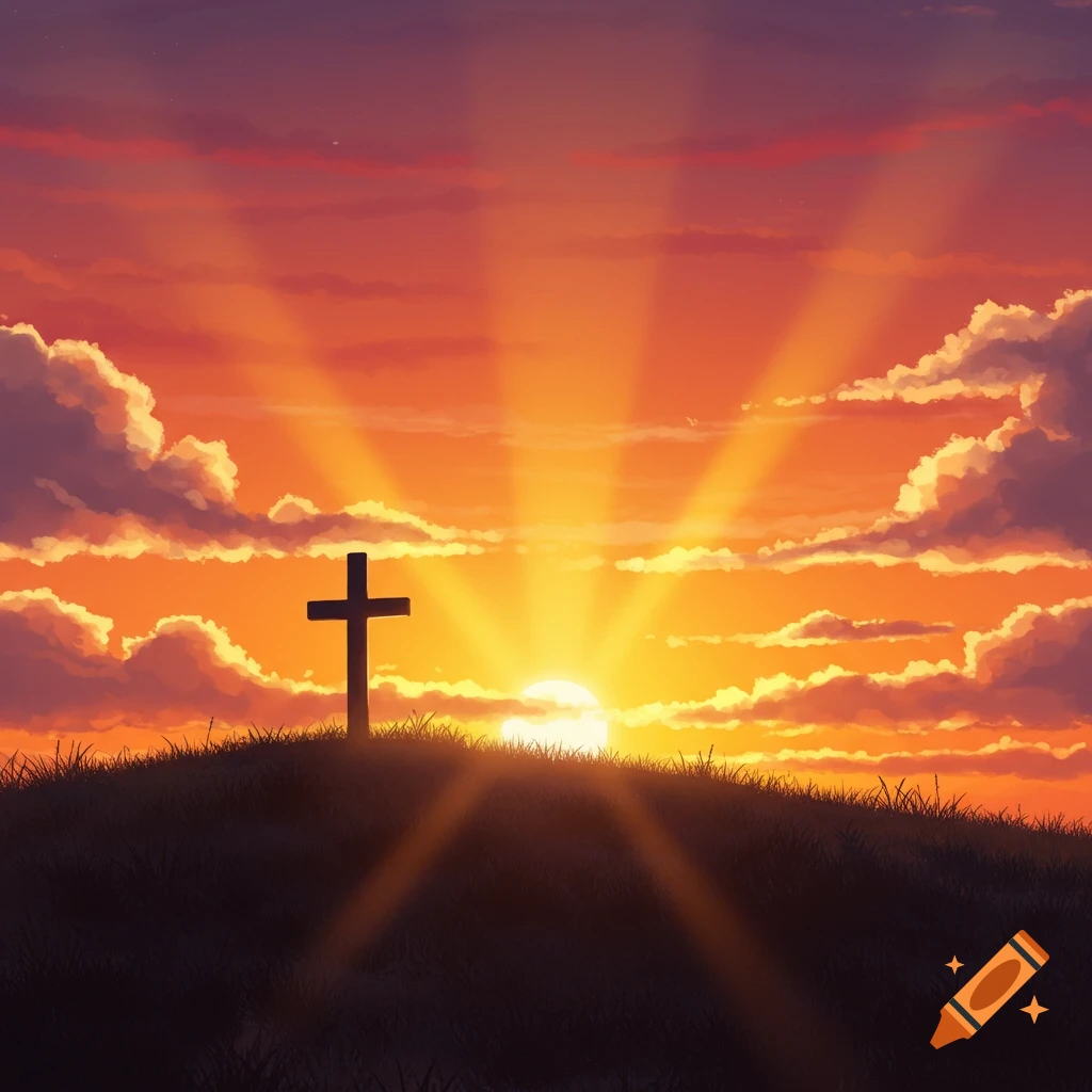 A silhouetted cross on a grassy hill against a vibrant orange and purple sunset with radiating light, illustrated style.