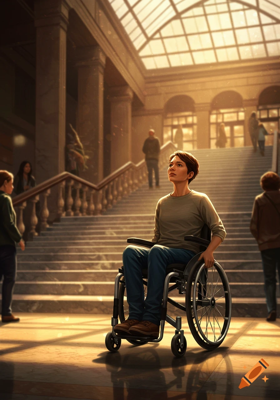 A person in a wheelchair faces a grand, sunlit flight of stairs in an ornate hall, looking up.