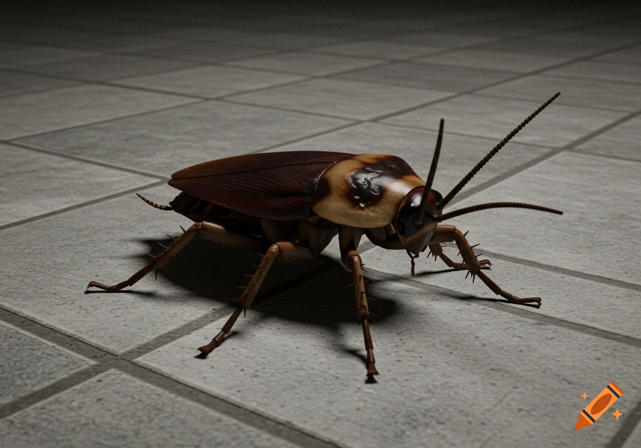 A photorealistic render of a brown cockroach with light brown markings, standing on a grey tiled floor in dim lighting.