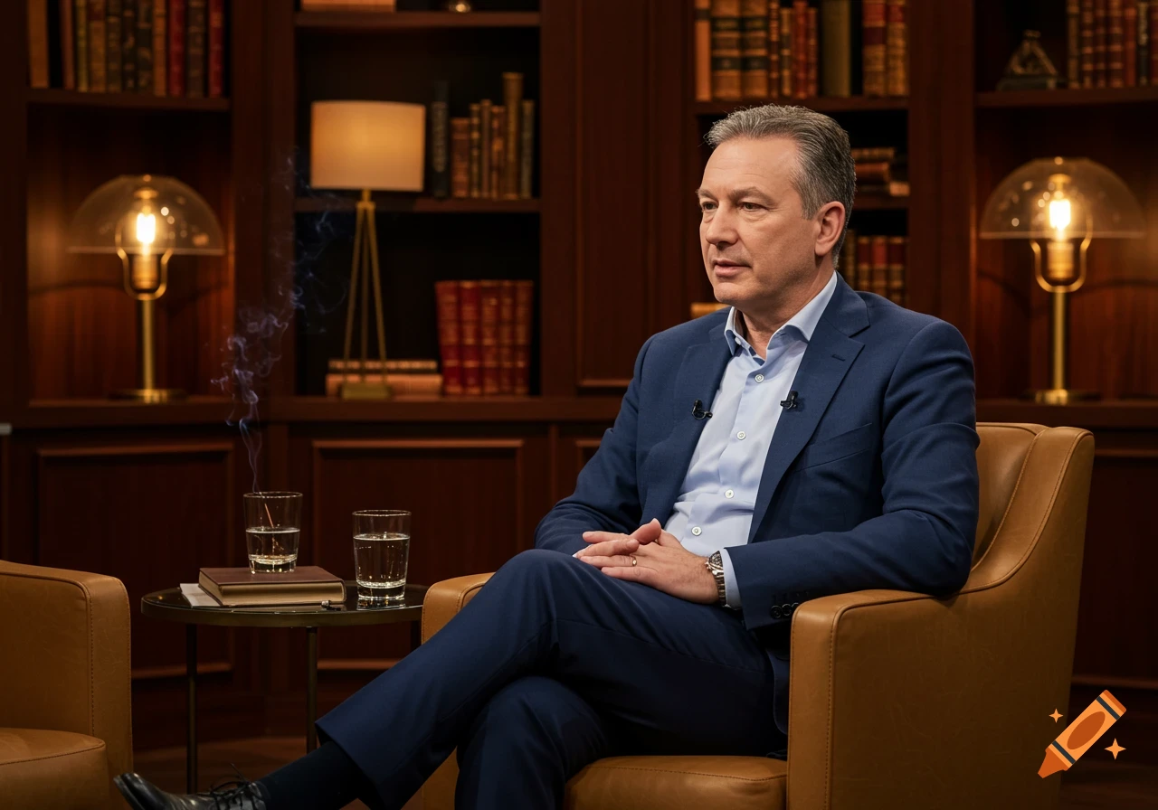 A man in a blue suit sits in a brown leather armchair, appearing to be interviewed in a library setting with bookshelves and lamps.