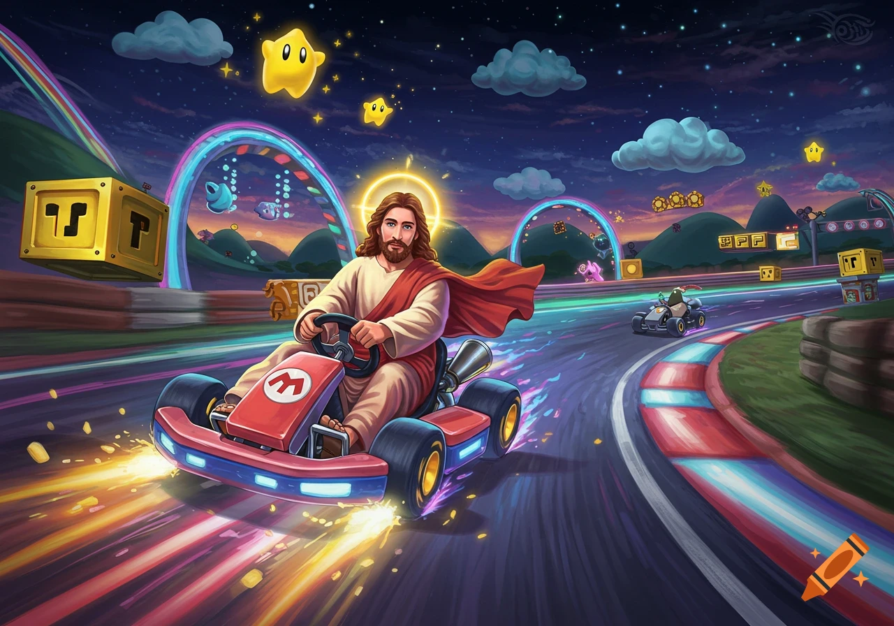 Jesus Christ with a halo drives a red Mario Kart on a vibrant Rainbow Road track at night, with stars and Mario power-ups in the sky.
