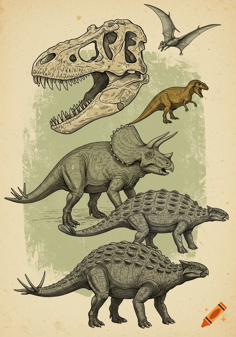 Vintage natural history illustration featuring a T-Rex skull, a small T-Rex, a Pterodactyl, a Triceratops, and two Ankylosaurus on aged parchment.