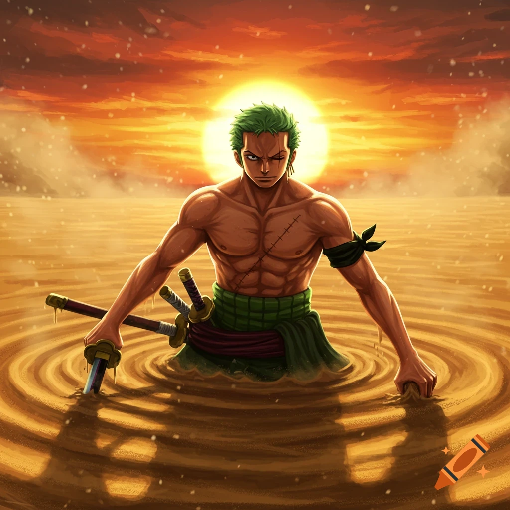 Anime-style Roronoa Zoro, shirtless, sinking in quicksand with swords under an orange sunset.