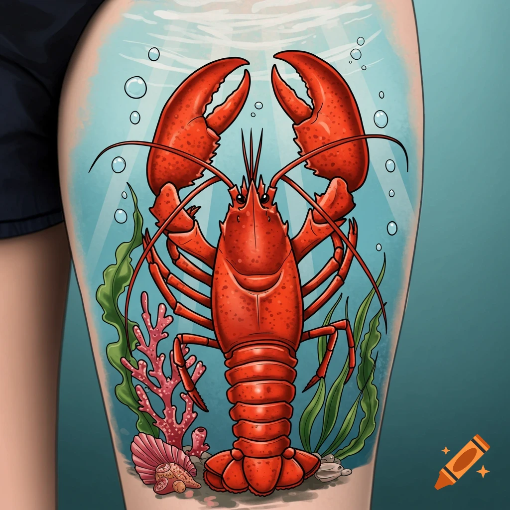 A vibrant red lobster tattoo, depicted underwater with coral and green seaweed, on a person's thigh.